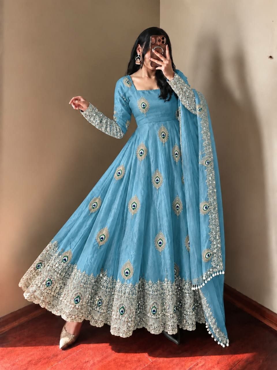 Pure Fendy Silk Anarkali Gown Set - Sky - view 1