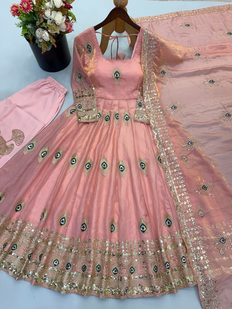 Pure Fendy Silk Anarkali Gown Set - Pink - view 1