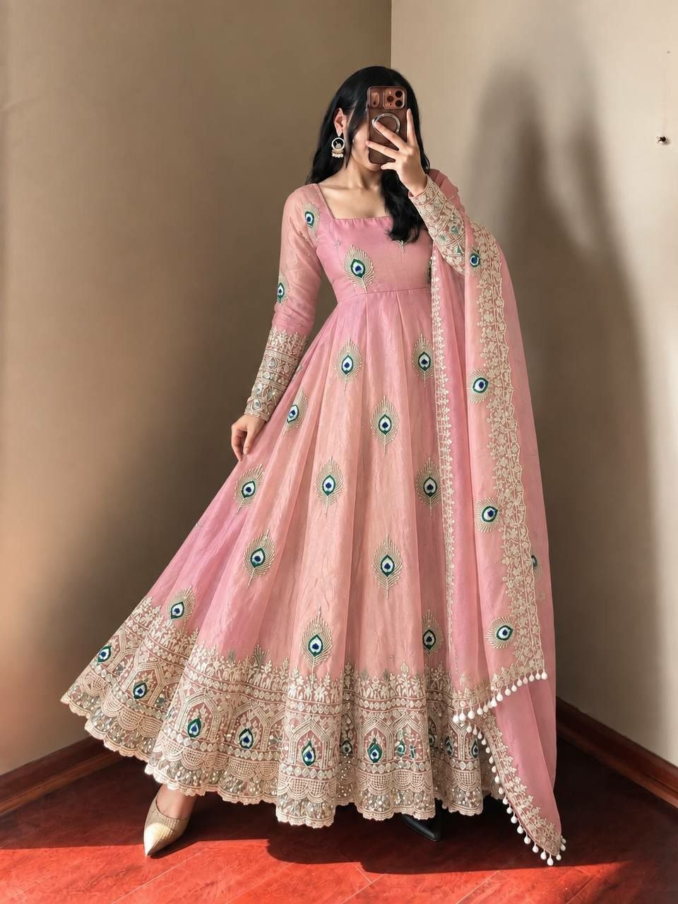 Pure Fendy Silk Anarkali Gown Set - Pink