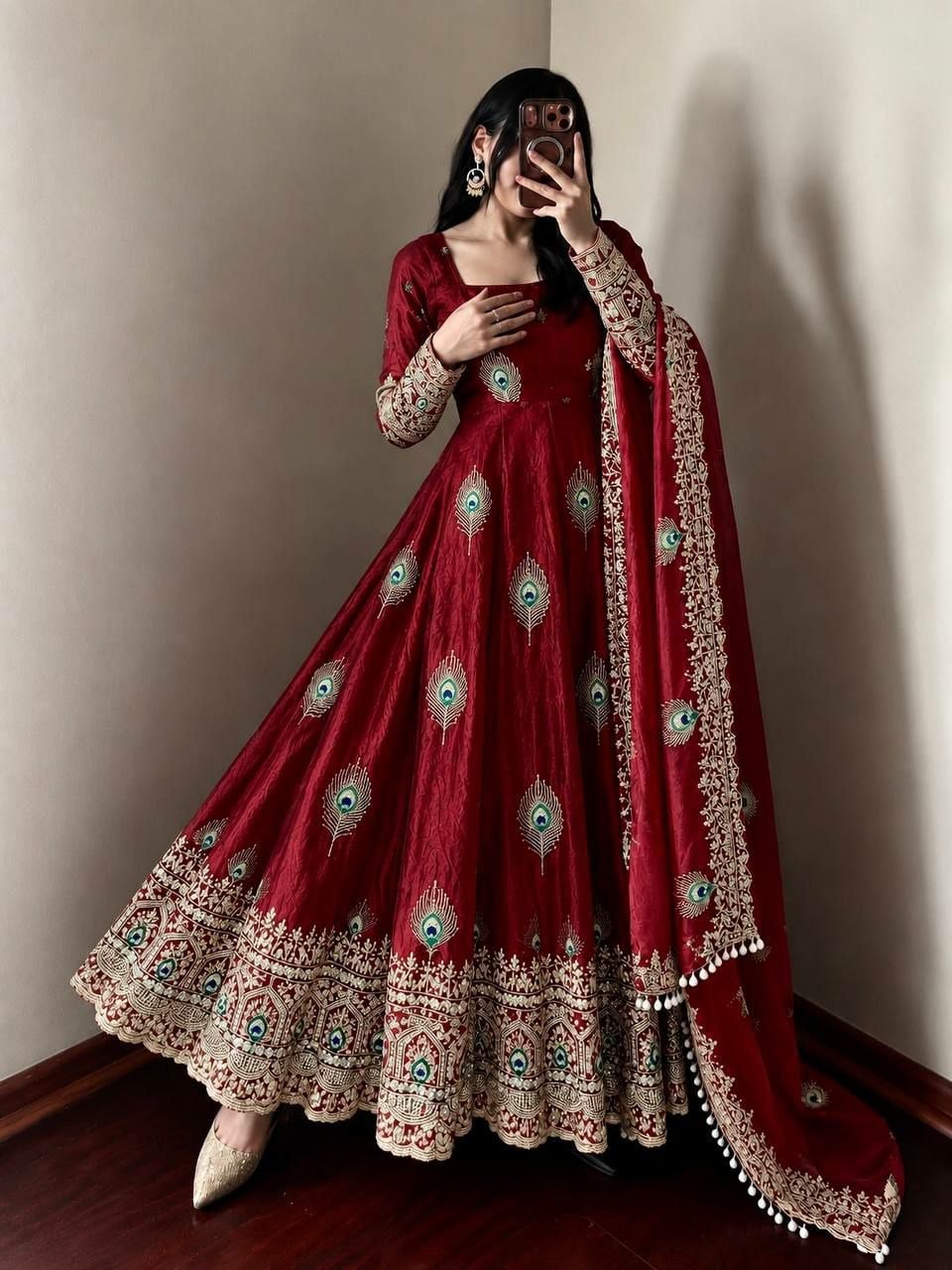Pure Fendy Silk Anarkali Gown Set - Maroon