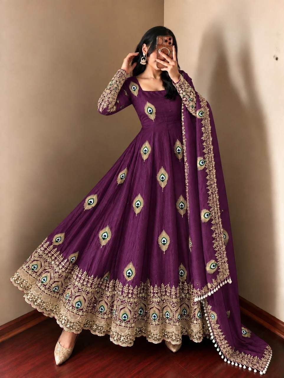 Pure Fendy Silk Anarkali Gown Set - Purple