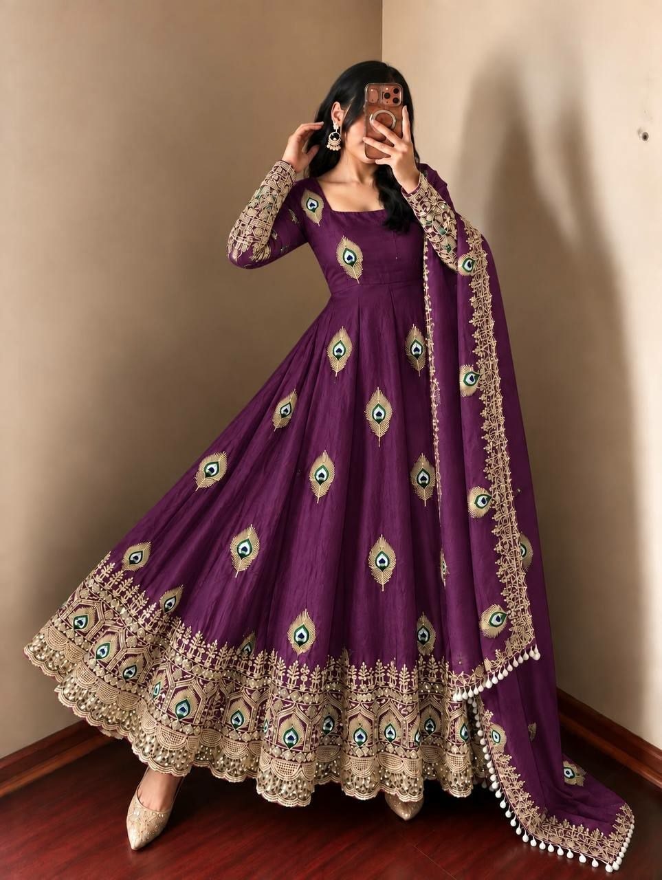 Pure Fendy Silk Anarkali Gown Set - Purple - view 2