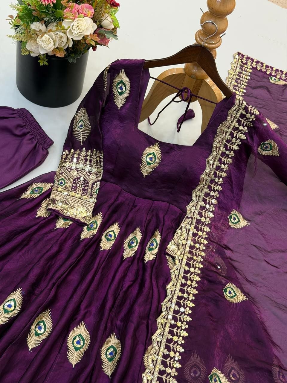 Pure Fendy Silk Anarkali Gown Set - Purple - view 3