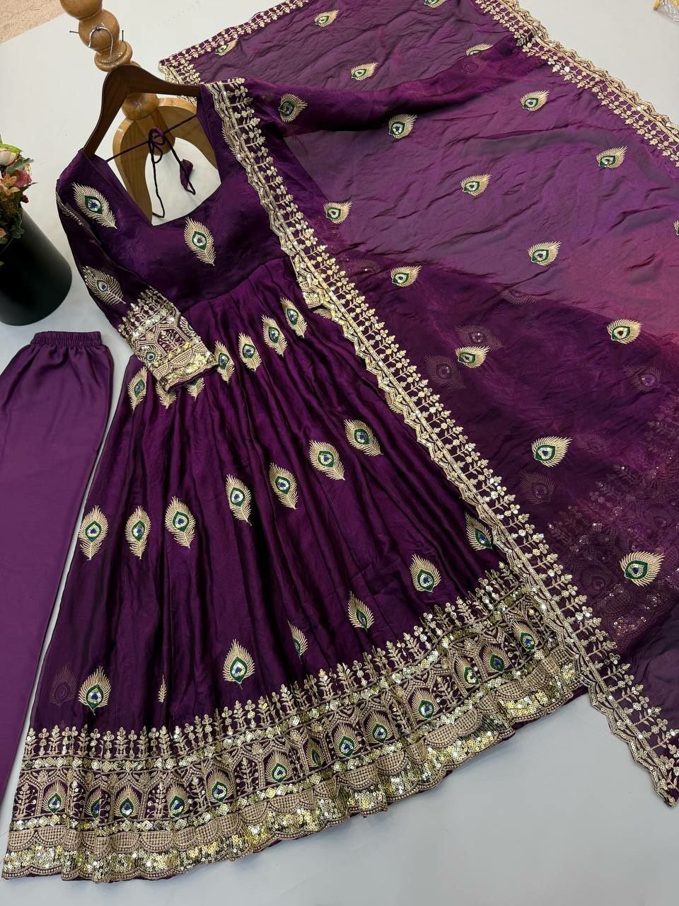 Pure Fendy Silk Anarkali Gown Set - Purple - view 1