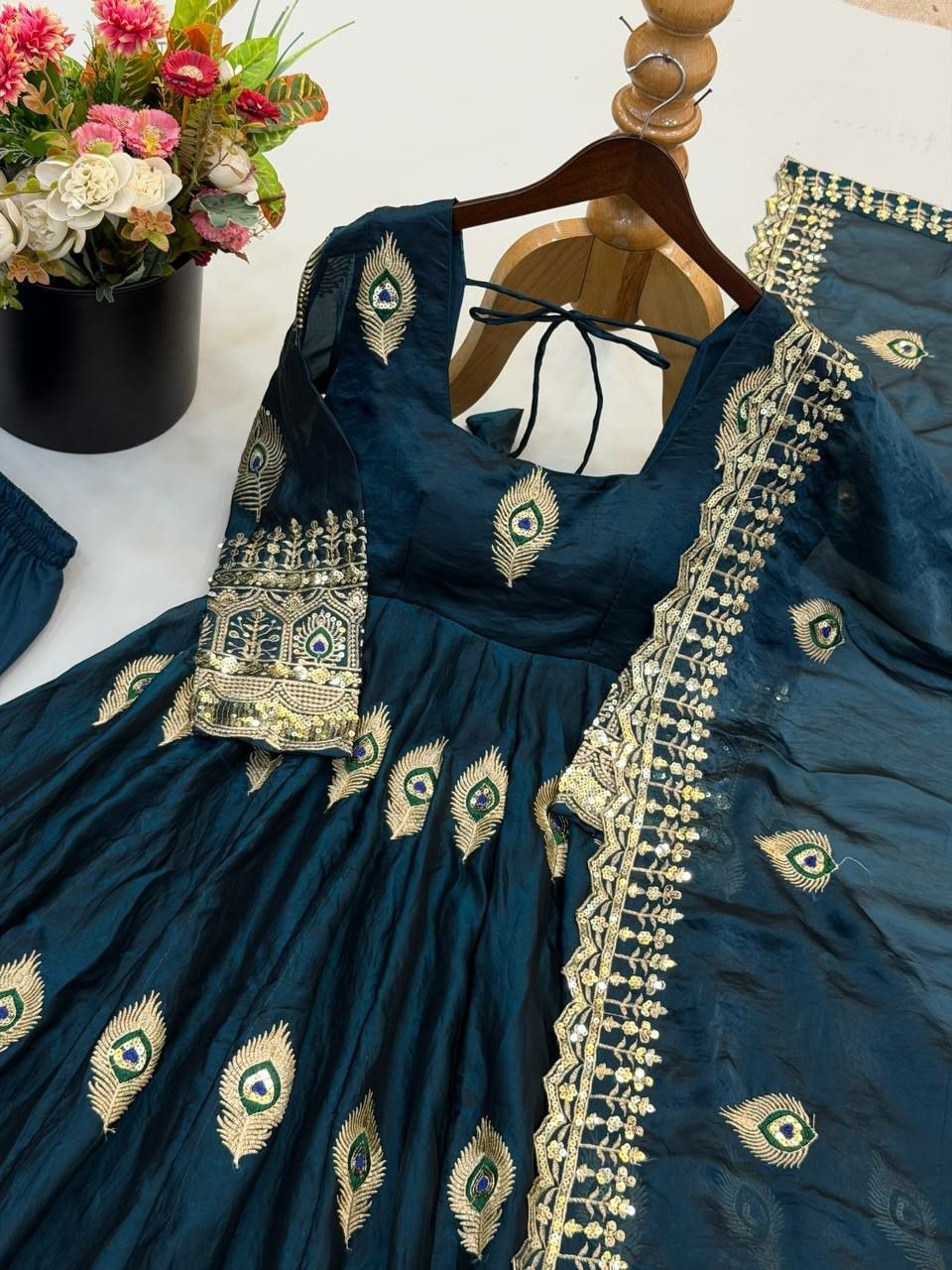 Pure Fendy Silk Anarkali Gown Set - Rama - view 2