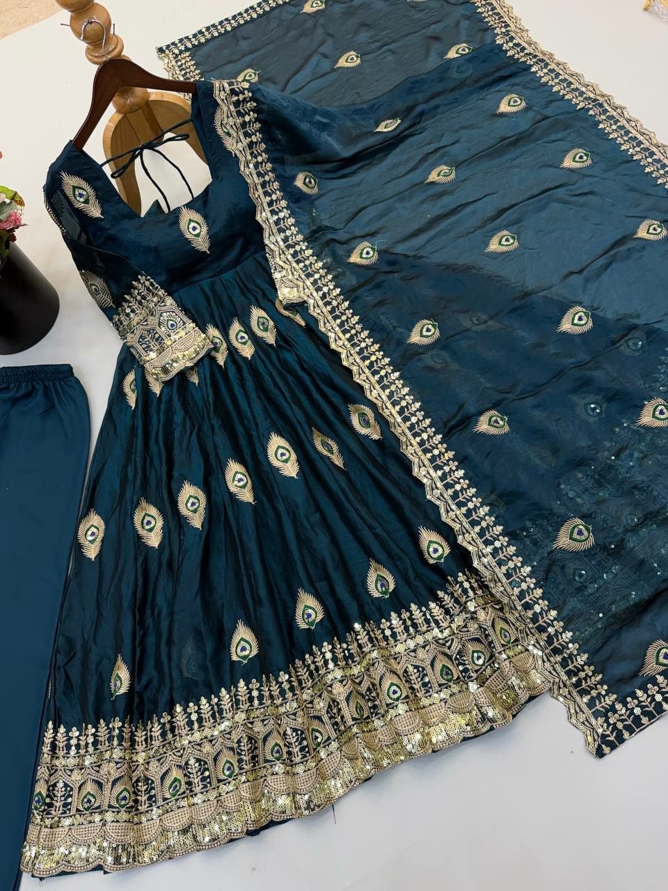 Pure Fendy Silk Anarkali Gown Set - Rama