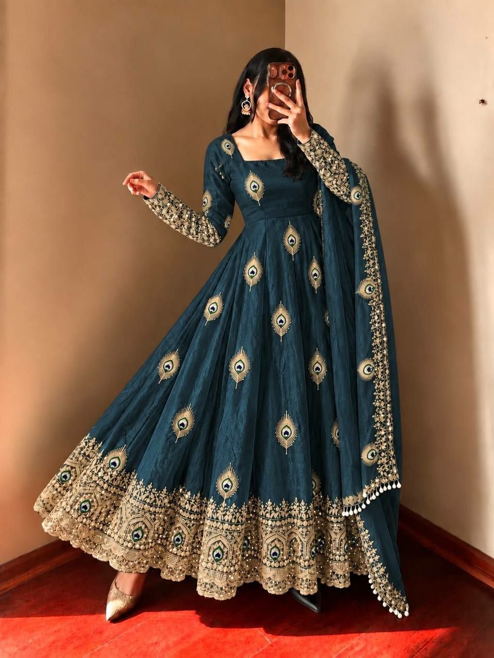 Pure Fendy Silk Anarkali Gown Set - Rama