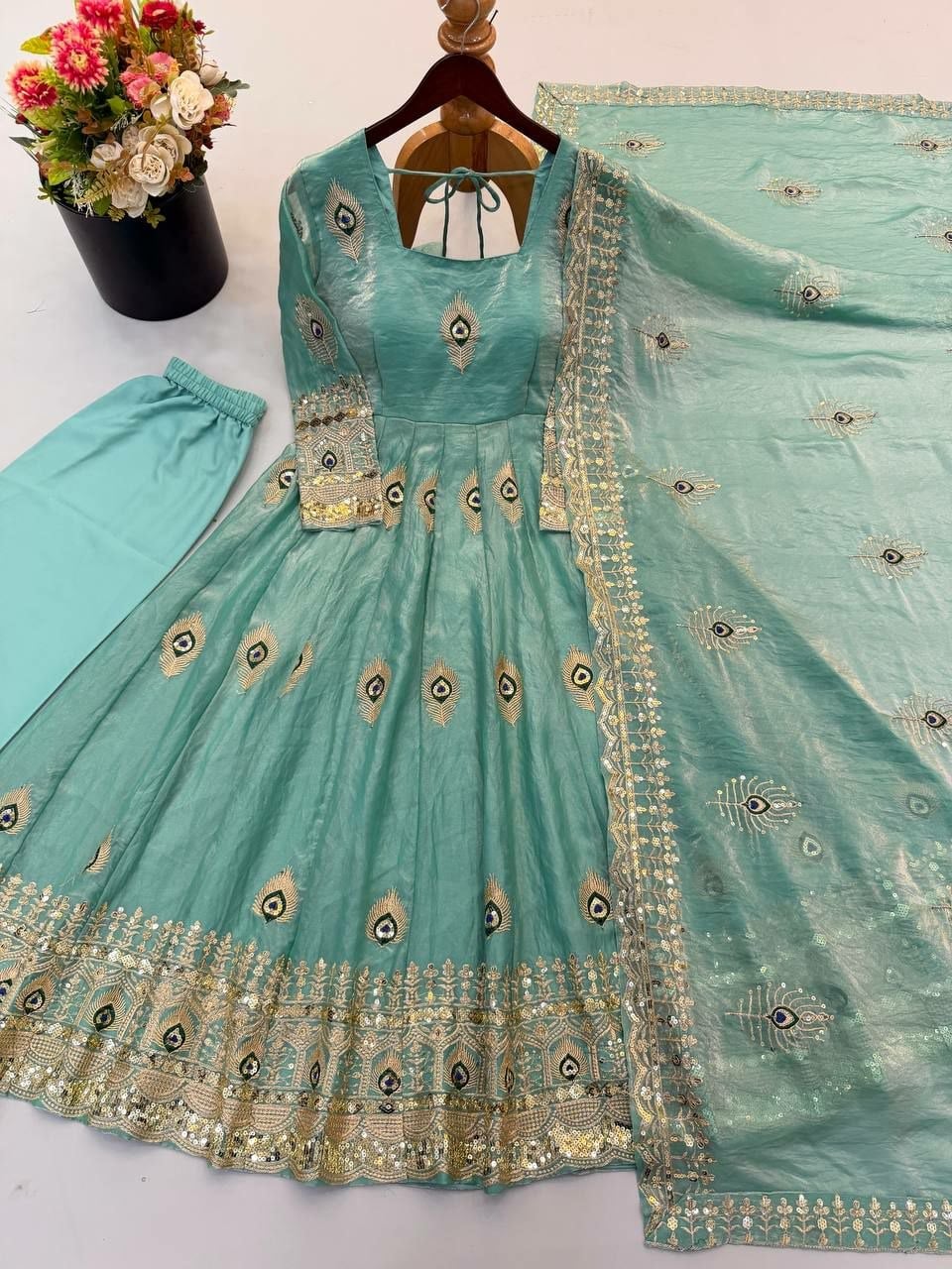 Pure Fendy Silk Anarkali Gown Set - Blue