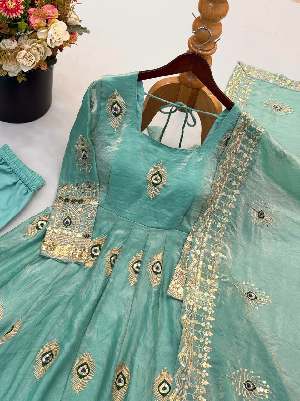 Pure Fendy Silk Anarkali Gown Set - Blue