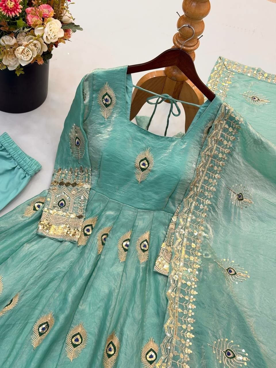Pure Fendy Silk Anarkali Gown Set - Blue - view 2
