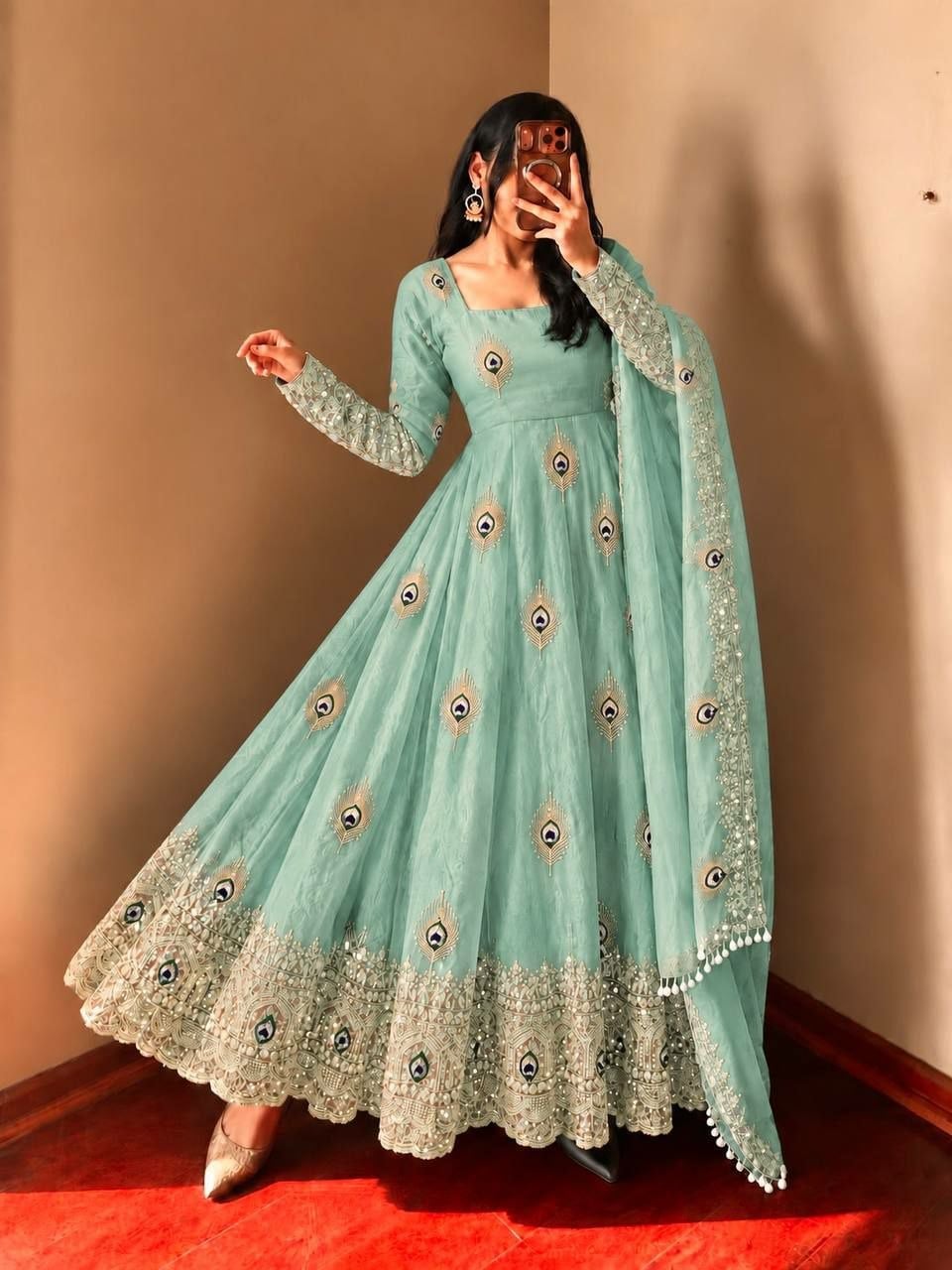 Pure Fendy Silk Anarkali Gown Set - Blue