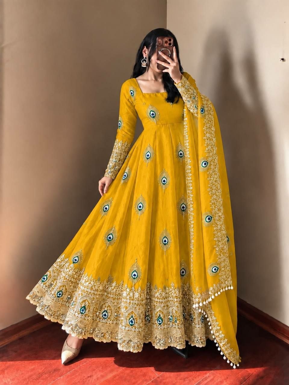 Pure Fendy Silk Anarkali Gown Set - Yellow