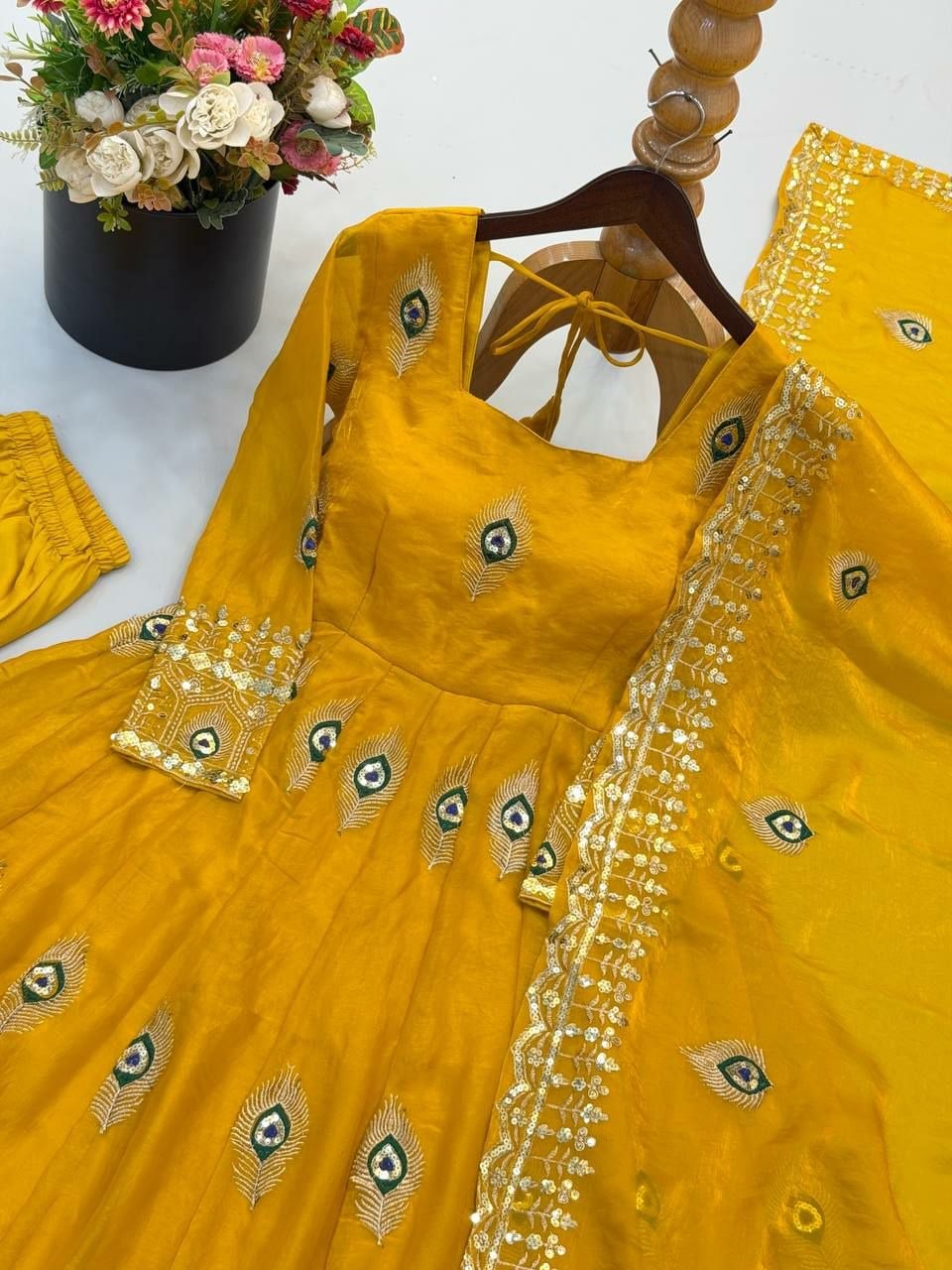 Pure Fendy Silk Anarkali Gown Set - Yellow
