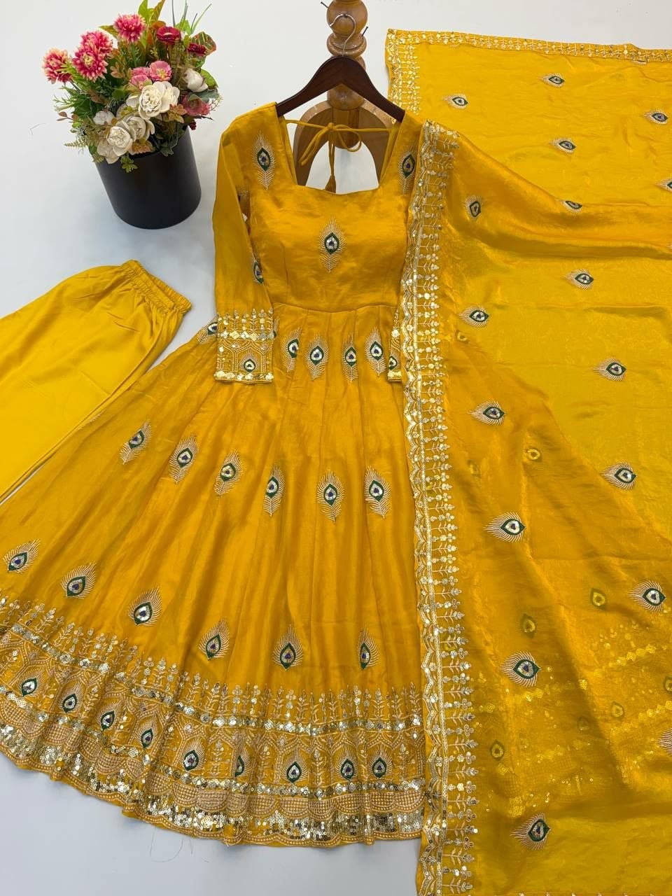 Pure Fendy Silk Anarkali Gown Set - Yellow