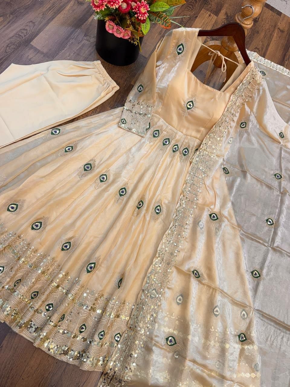 Pure Fendy Silk Anarkali Gown Set - Cream