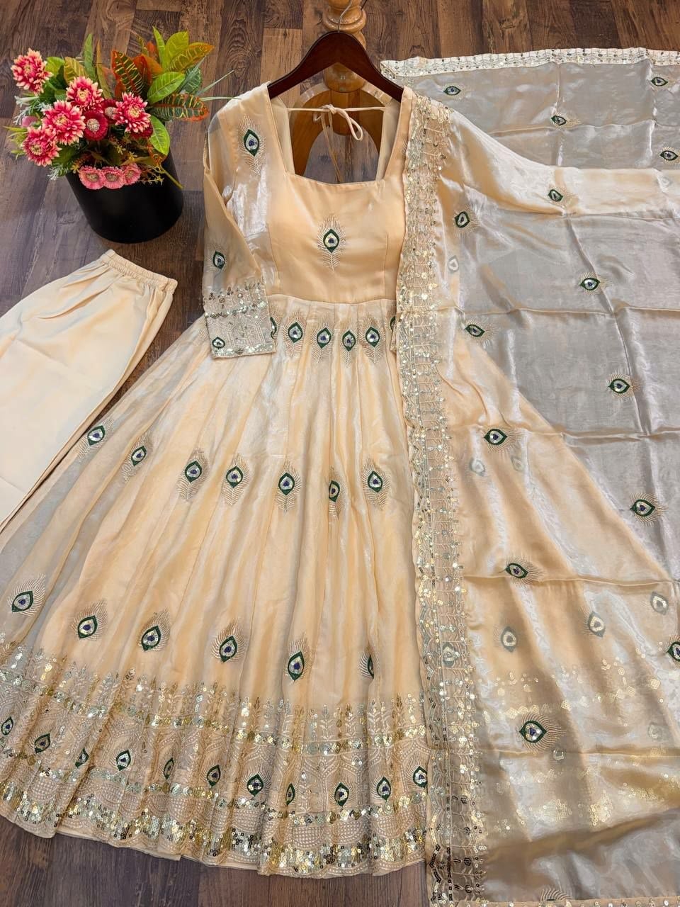 Pure Fendy Silk Anarkali Gown Set - Cream