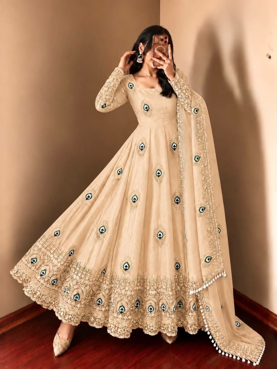 Pure Fendy Silk Anarkali Gown Set - Cream