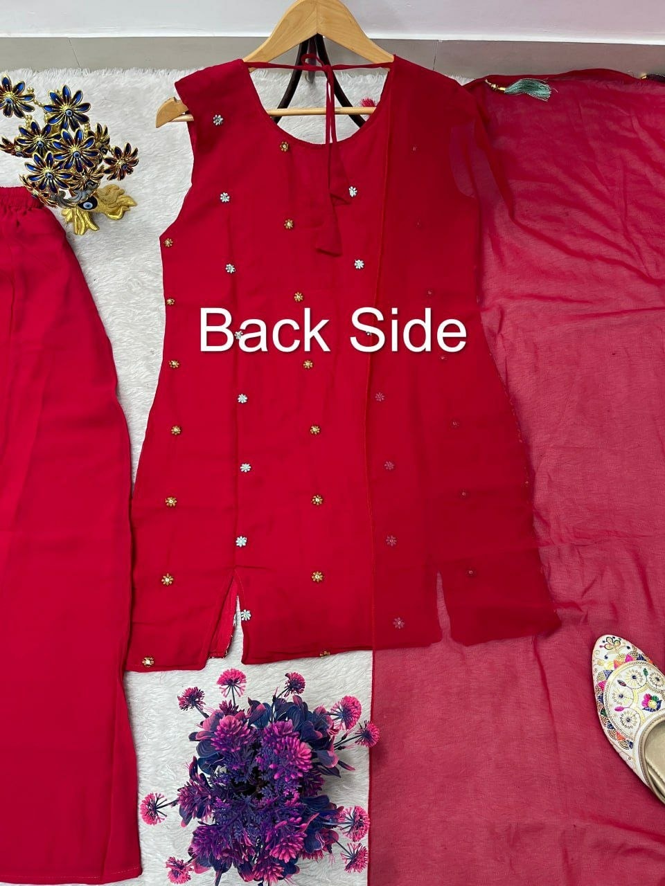Faux Georgette Salwar Suit Set - Red - view 1