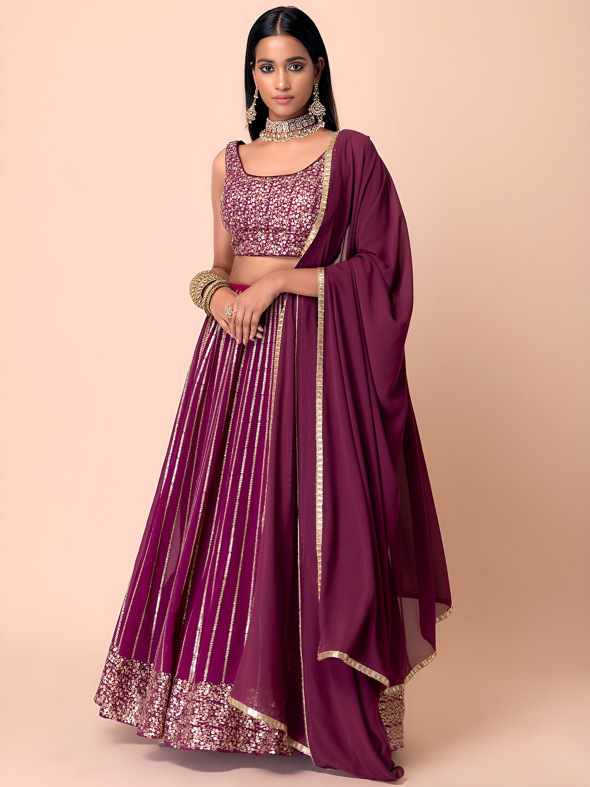 This outfit is a wine Georgette lehenga - view 2