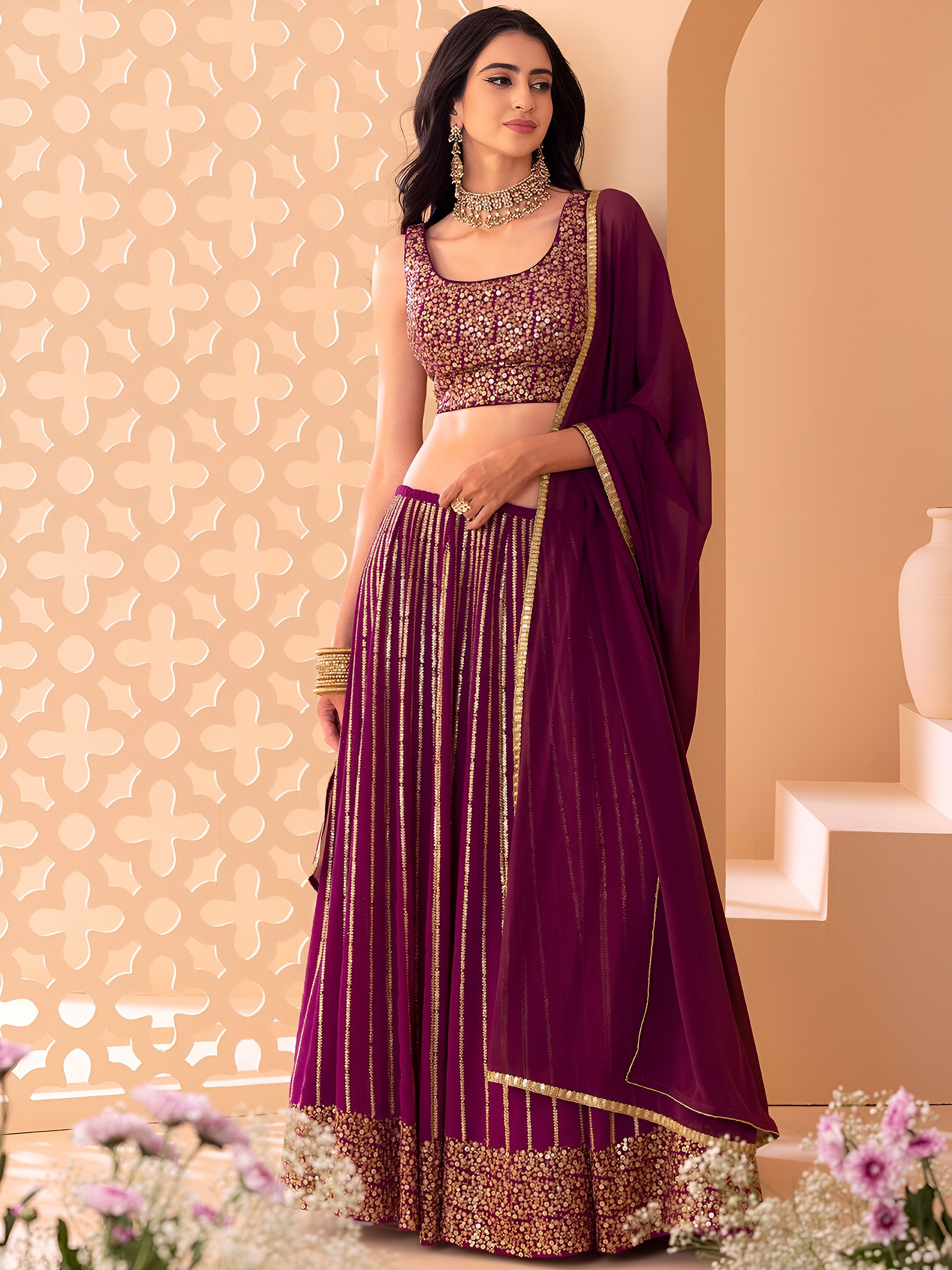 This outfit is a wine Georgette lehenga - view 1