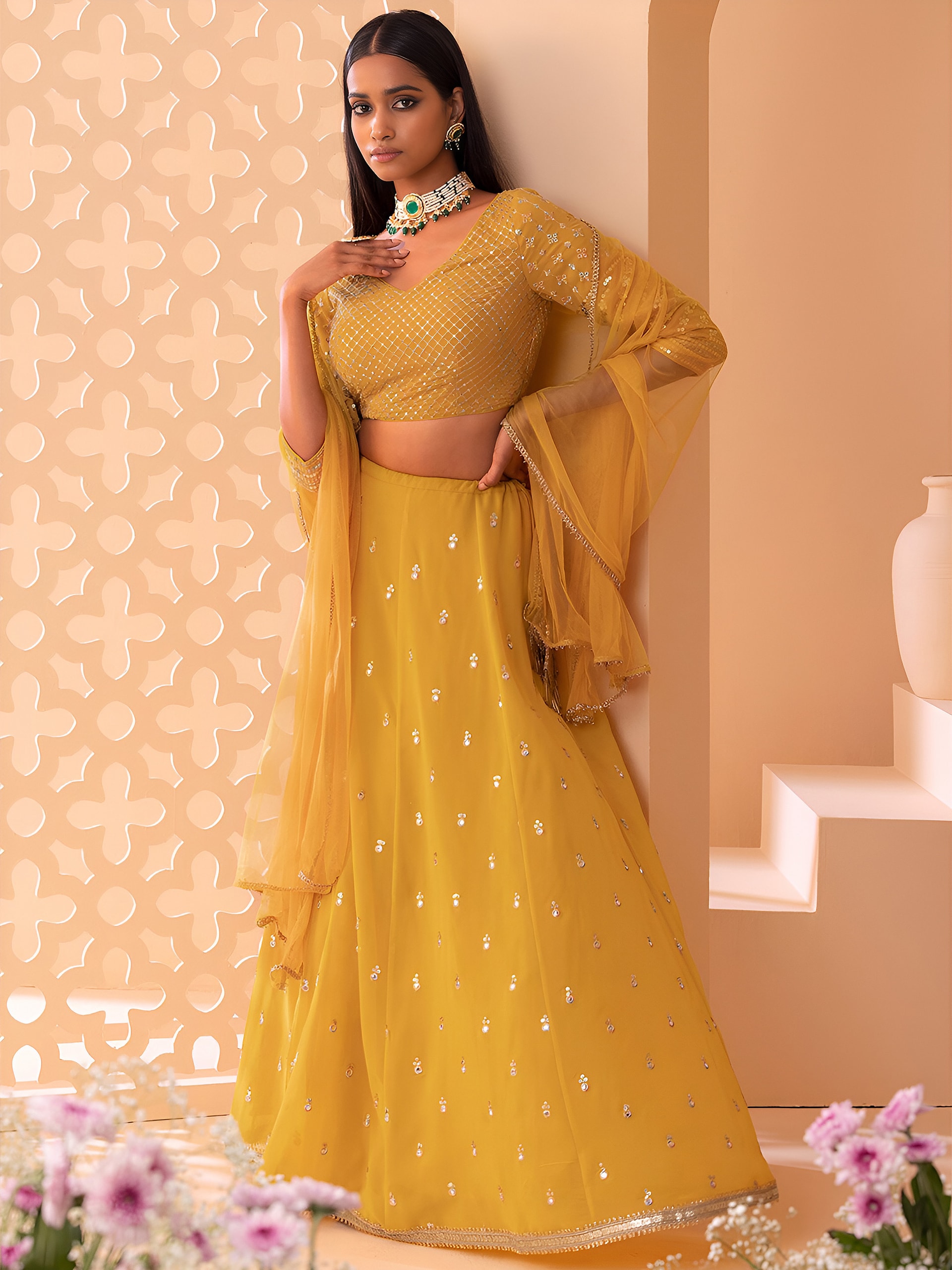 This outfit is a Black Georgette lehenga - Yellow - view 6