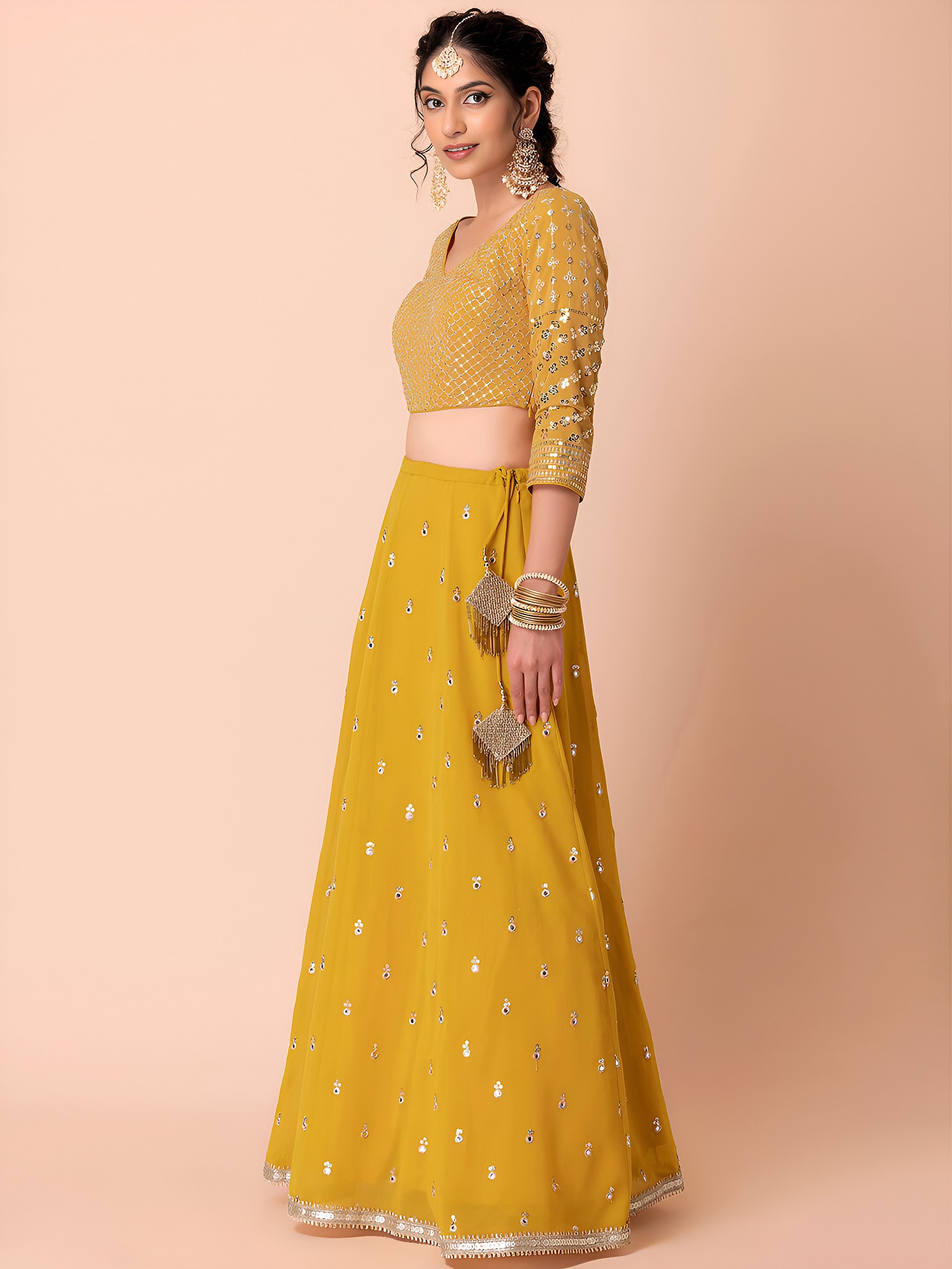 This outfit is a Black Georgette lehenga - Yellow - view 3