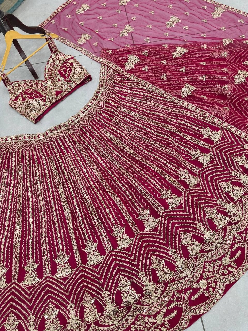 Premium Butterfly Net Lahenga Choli Set - Pink