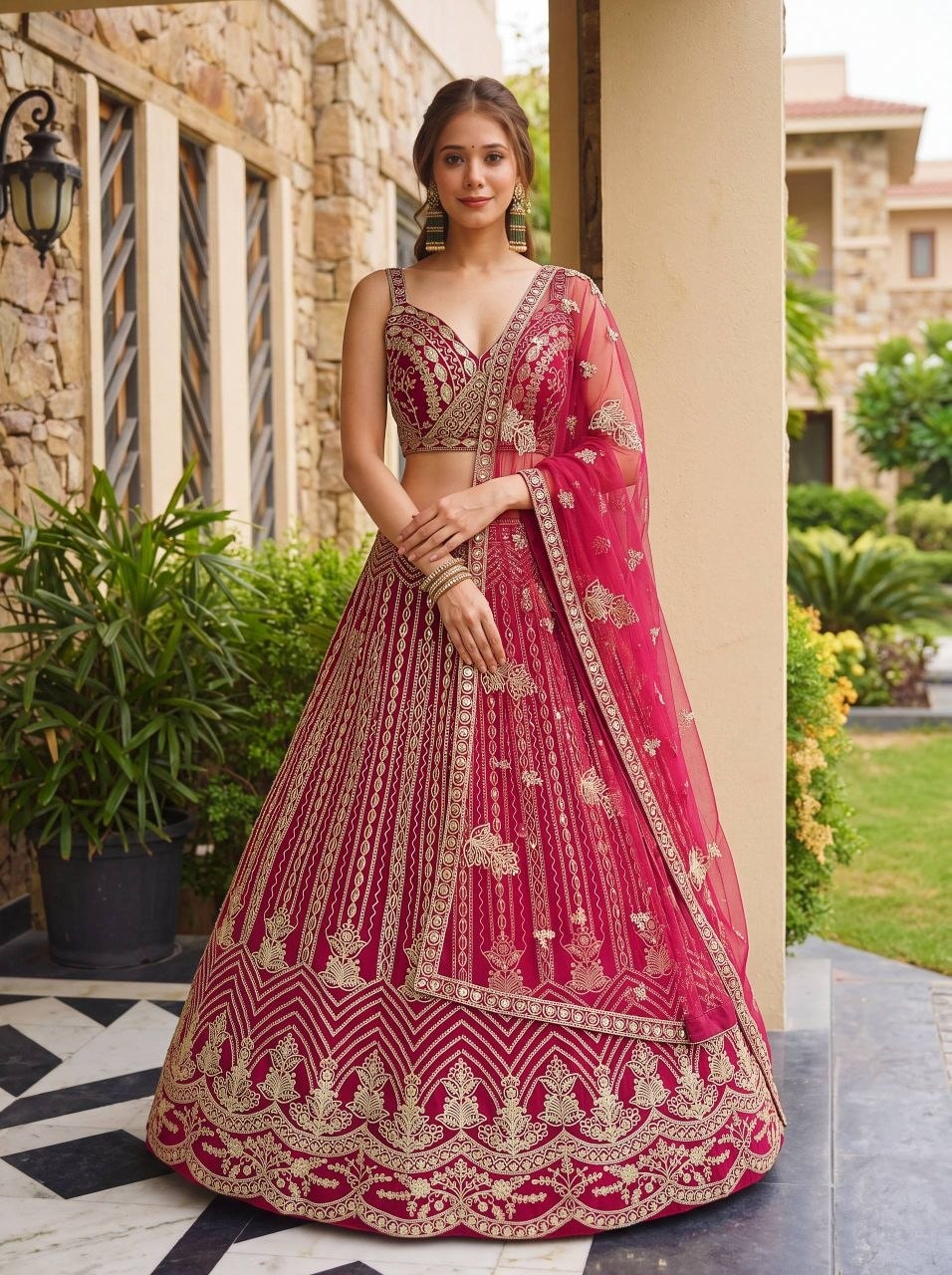 Premium Butterfly Net Lahenga Choli Set - Pink - view 1