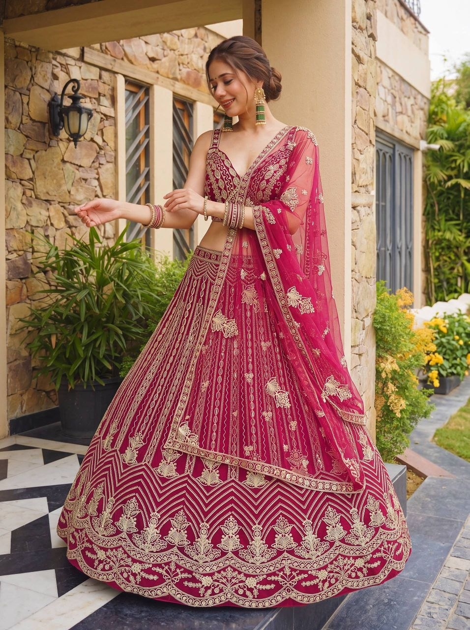 Premium Butterfly Net Lahenga Choli Set - Pink - view 6