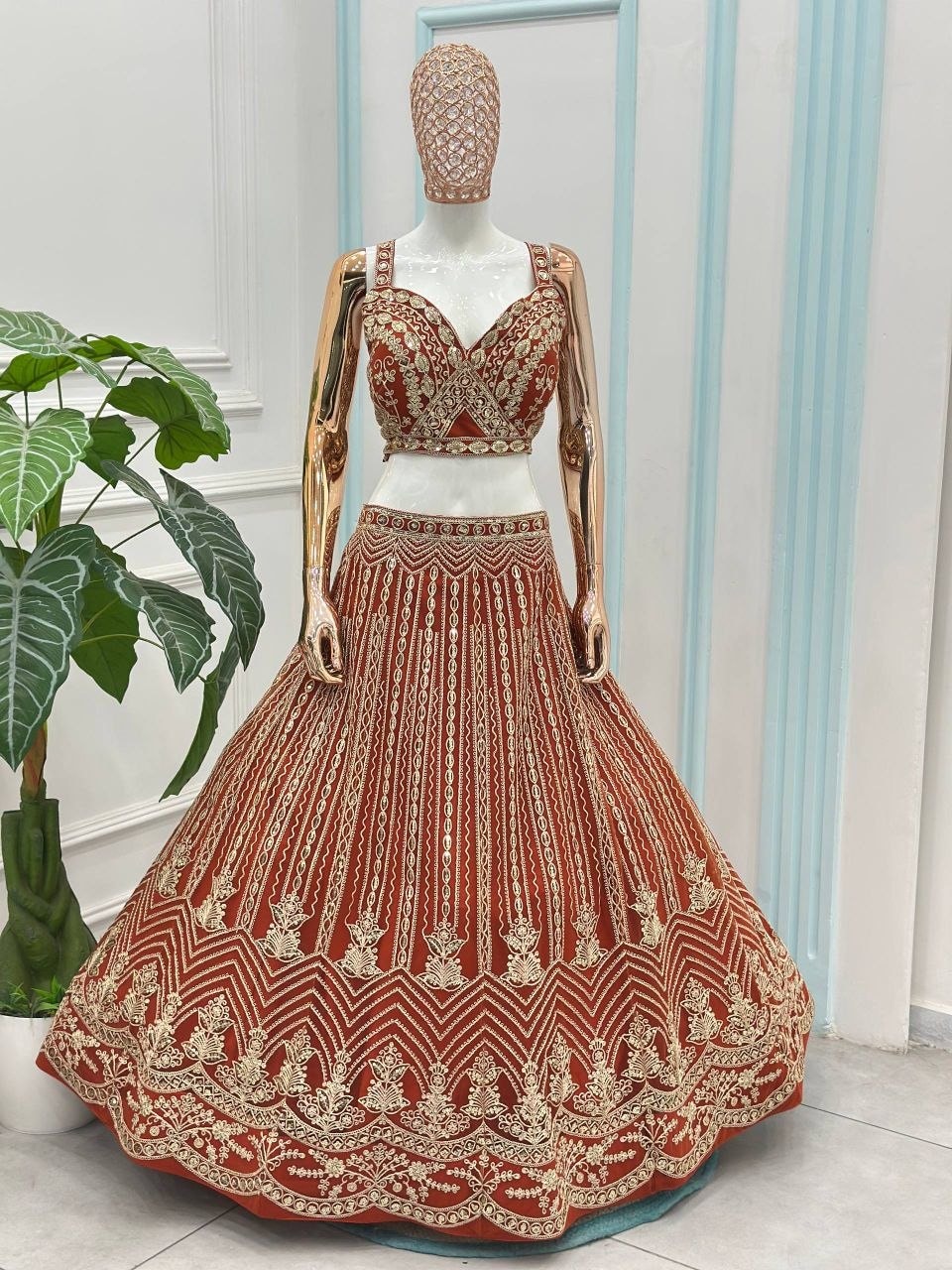 Premium Butterfly Net Lahenga Choli Set - Orange - view 6