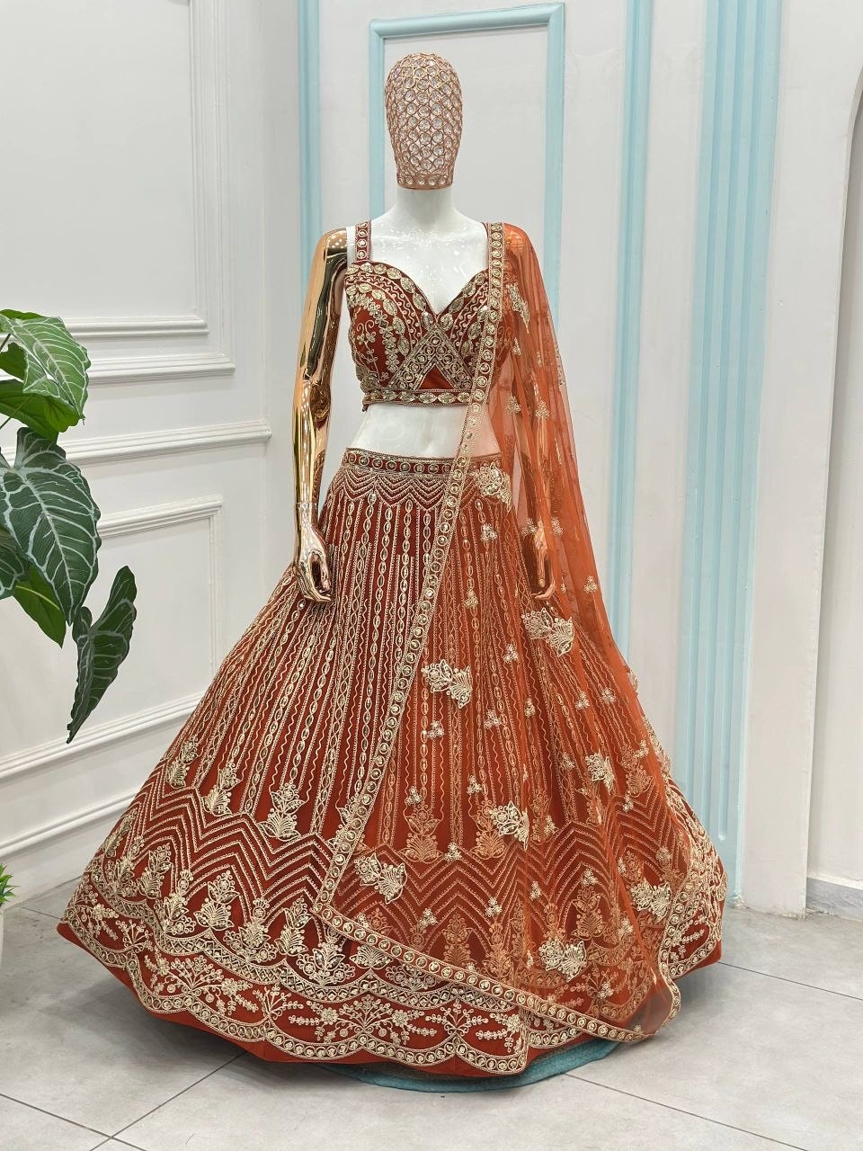 Premium Butterfly Net Lahenga Choli Set - Orange - view 5