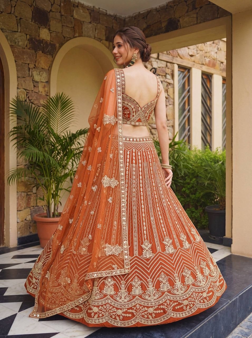 Premium Butterfly Net Lahenga Choli Set - Orange