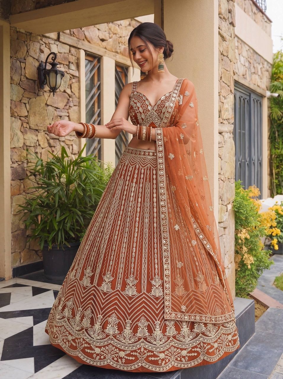 Premium Butterfly Net Lahenga Choli Set - Orange - view 1