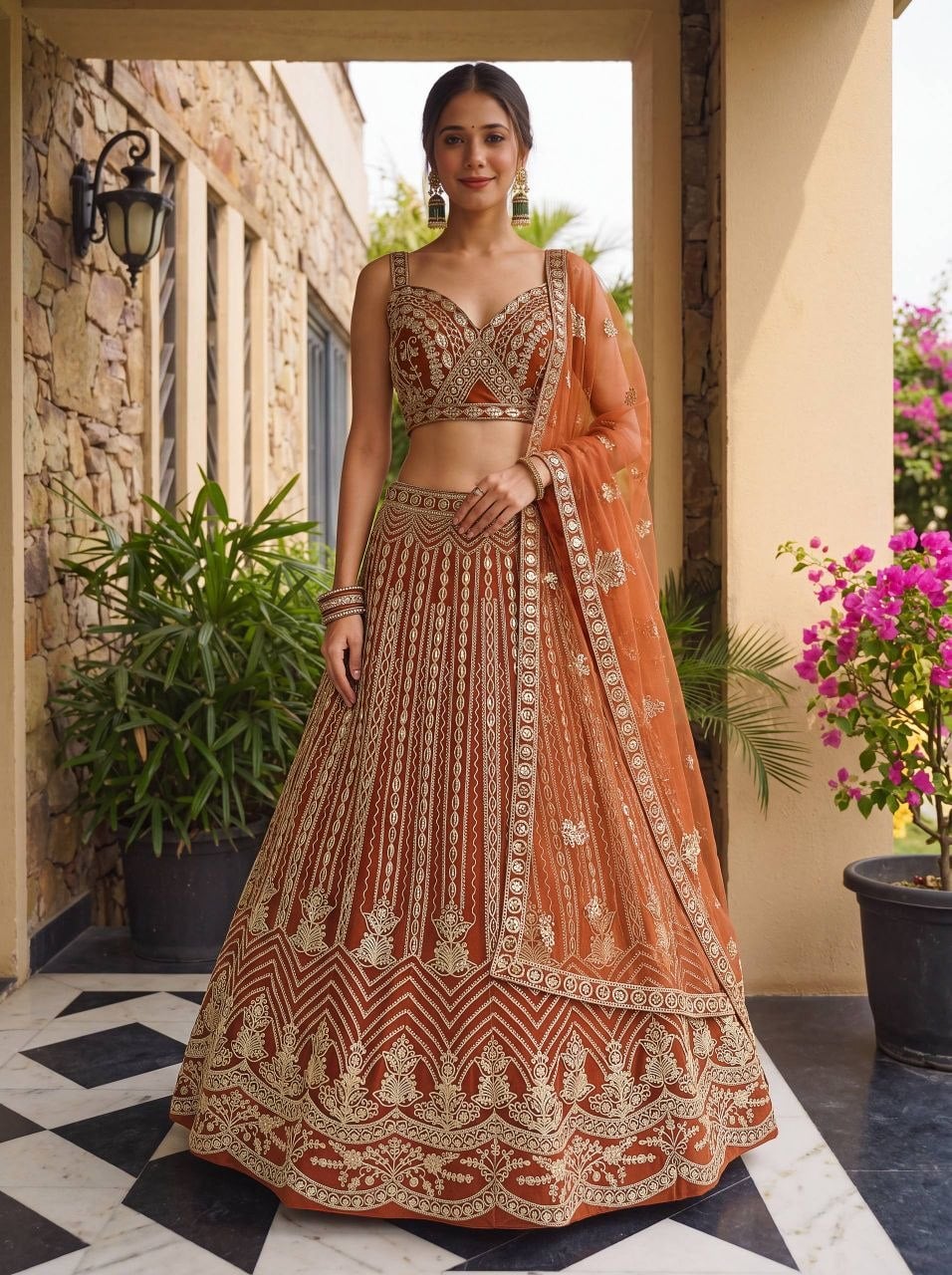 Premium Butterfly Net Lahenga Choli Set - Orange