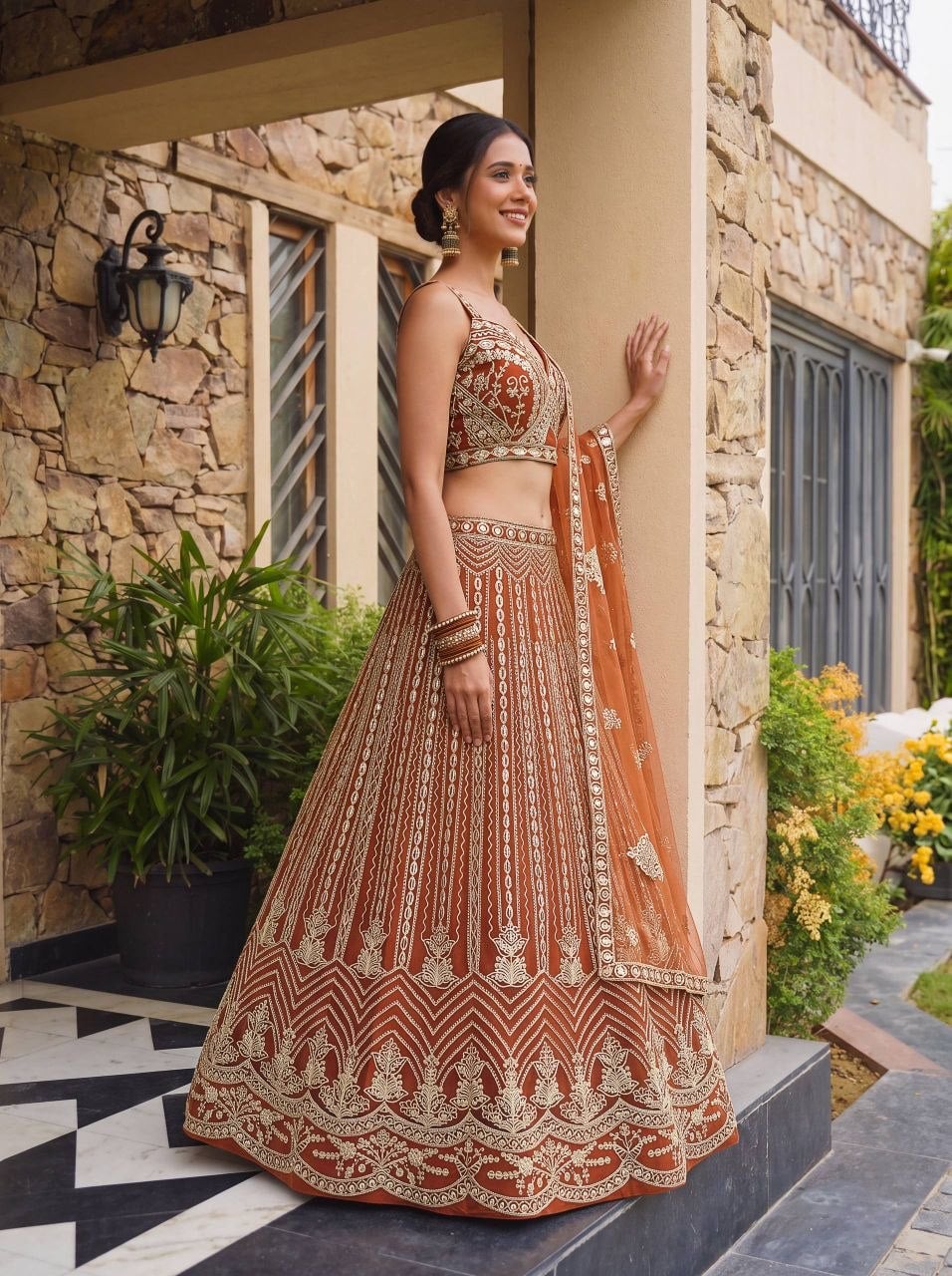 Premium Butterfly Net Lahenga Choli Set - Orange
