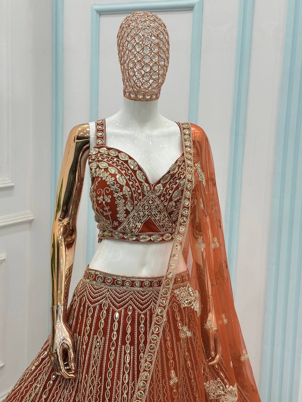 Premium Butterfly Net Lahenga Choli Set - Orange