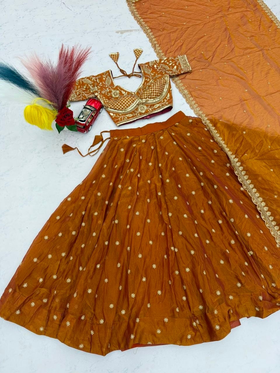 Mosh Fabic Sequins embroidery work Lahenga Choli Set - Orange - view 4