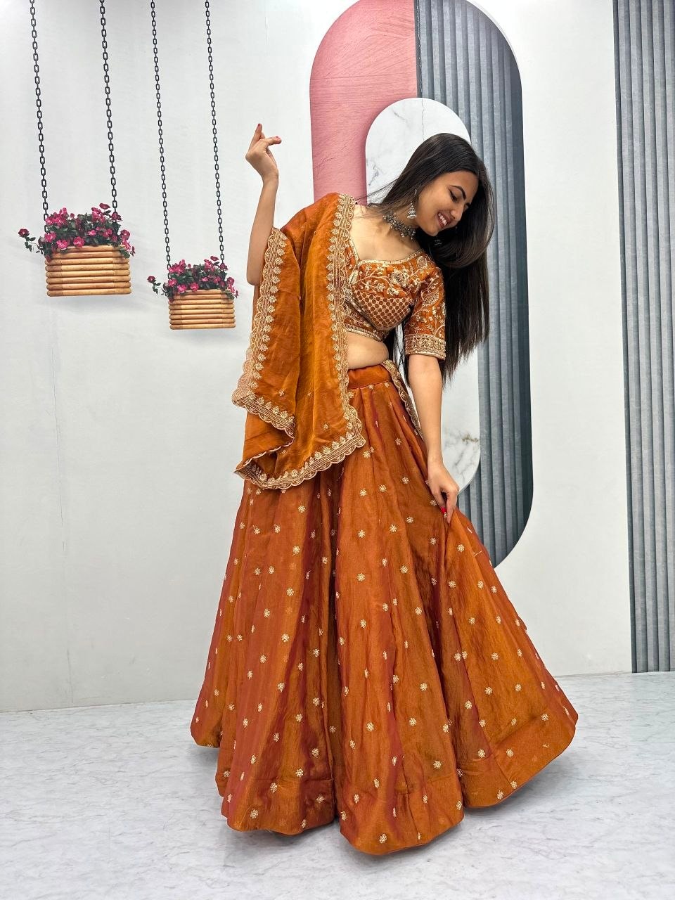 Mosh Fabic Sequins embroidery work Lahenga Choli Set - Orange - view 5