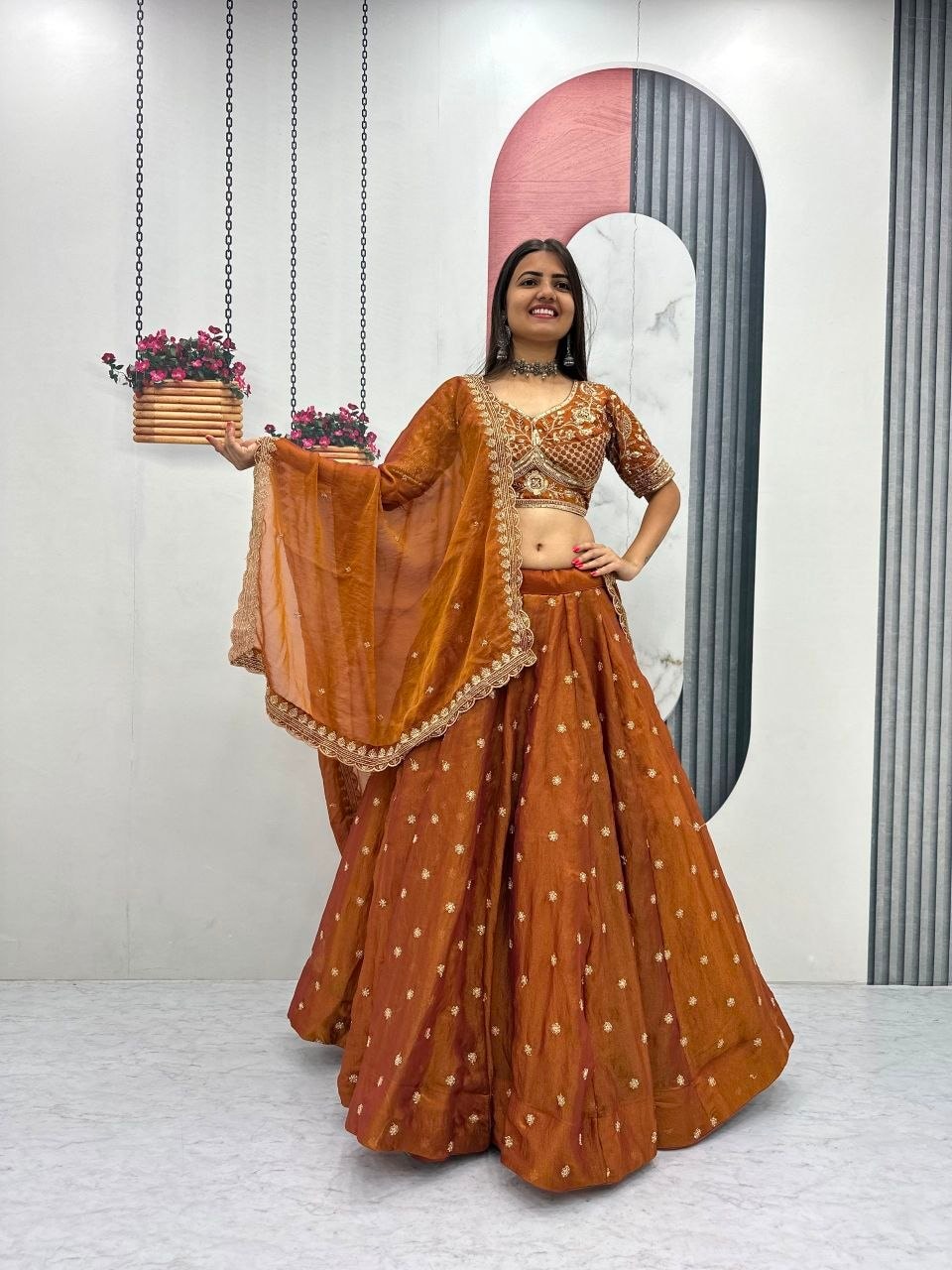 Mosh Fabic Sequins embroidery work Lahenga Choli Set - Orange - view 1