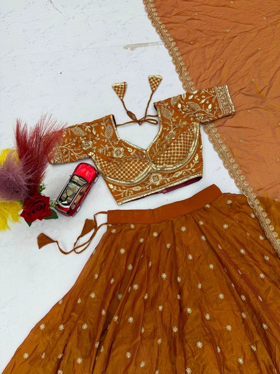 Mosh Fabic Sequins embroidery work Lahenga Choli Set - Orange - view 6