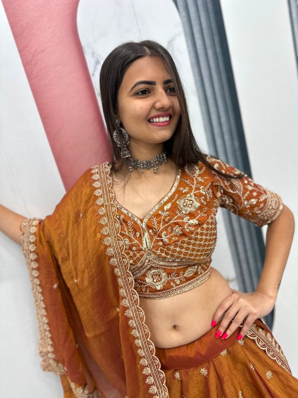 Mosh Fabic Sequins embroidery work Lahenga Choli Set - Orange