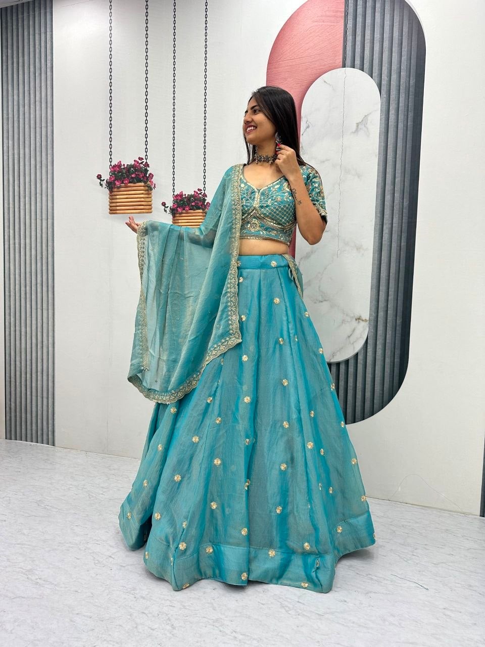 Mosh Fabic Sequins embroidery work Lahenga Choli Set - Sky