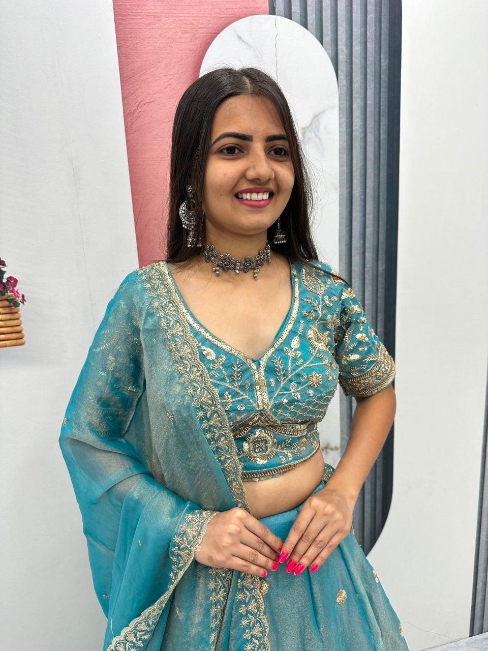 Mosh Fabic Sequins embroidery work Lahenga Choli Set - Sky