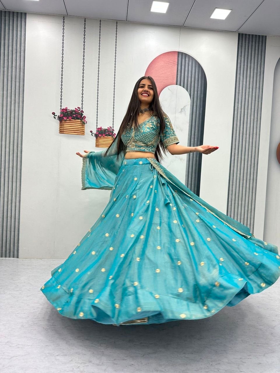 Mosh Fabic Sequins embroidery work Lahenga Choli Set - Sky