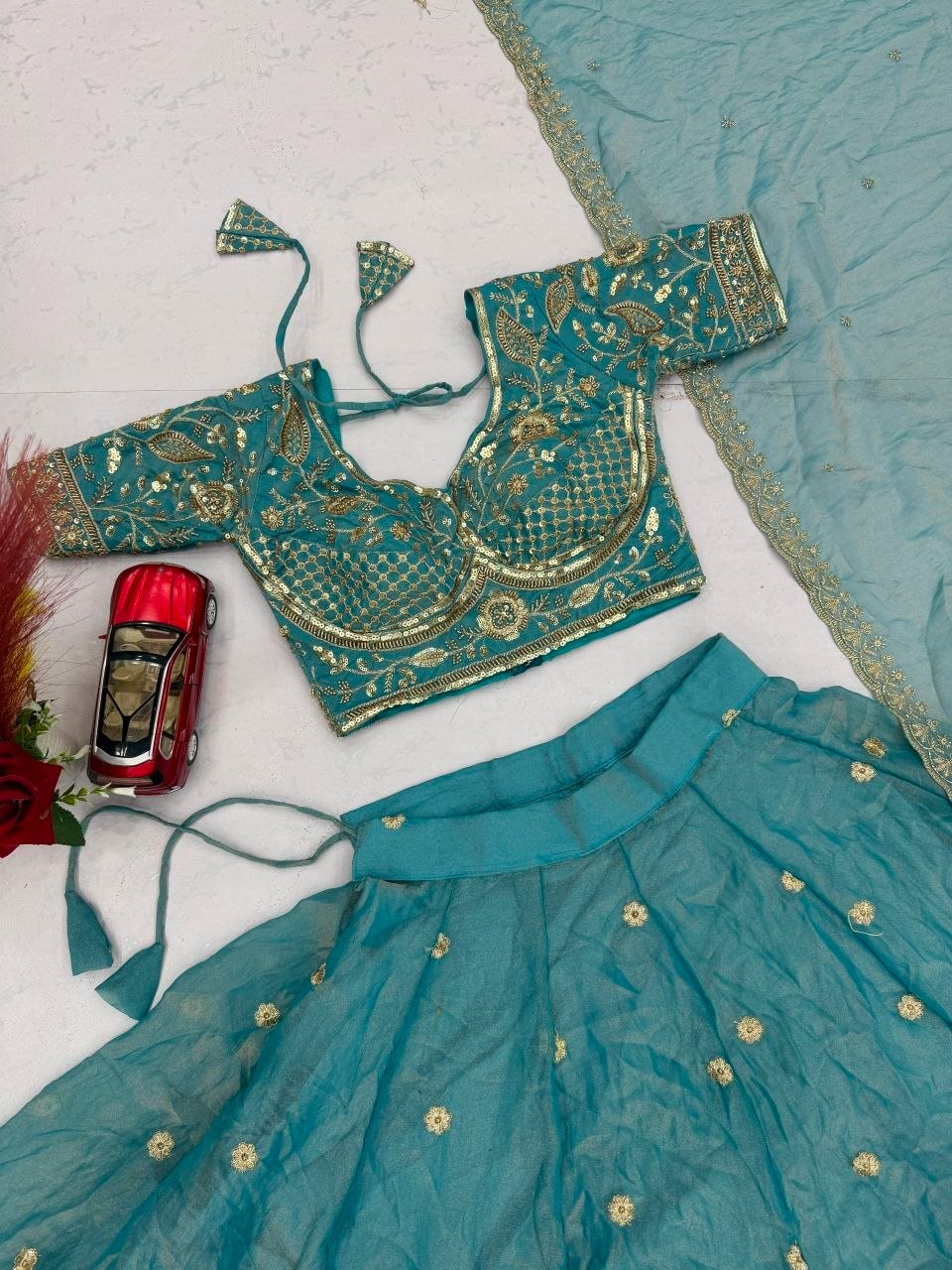 Mosh Fabic Sequins embroidery work Lahenga Choli Set - Sky - view 5