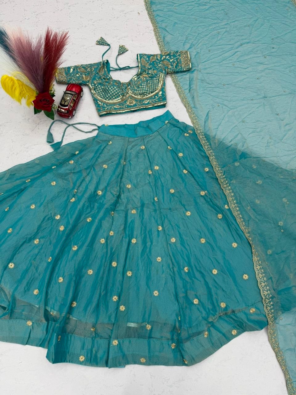 Mosh Fabic Sequins embroidery work Lahenga Choli Set - Sky - view 4
