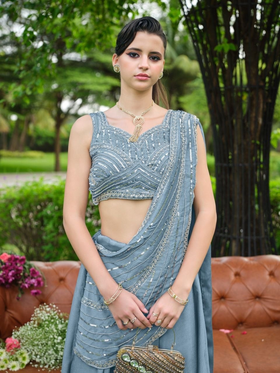 Premium Chinnon (Plain) Lahenga Choli Set - Blue