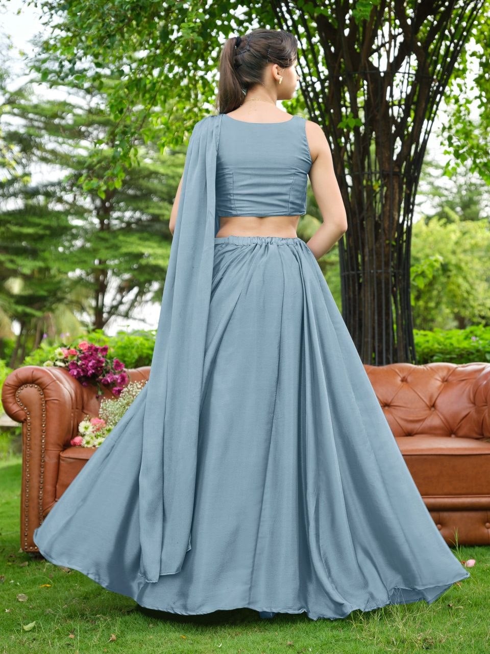Premium Chinnon (Plain) Lahenga Choli Set - Blue