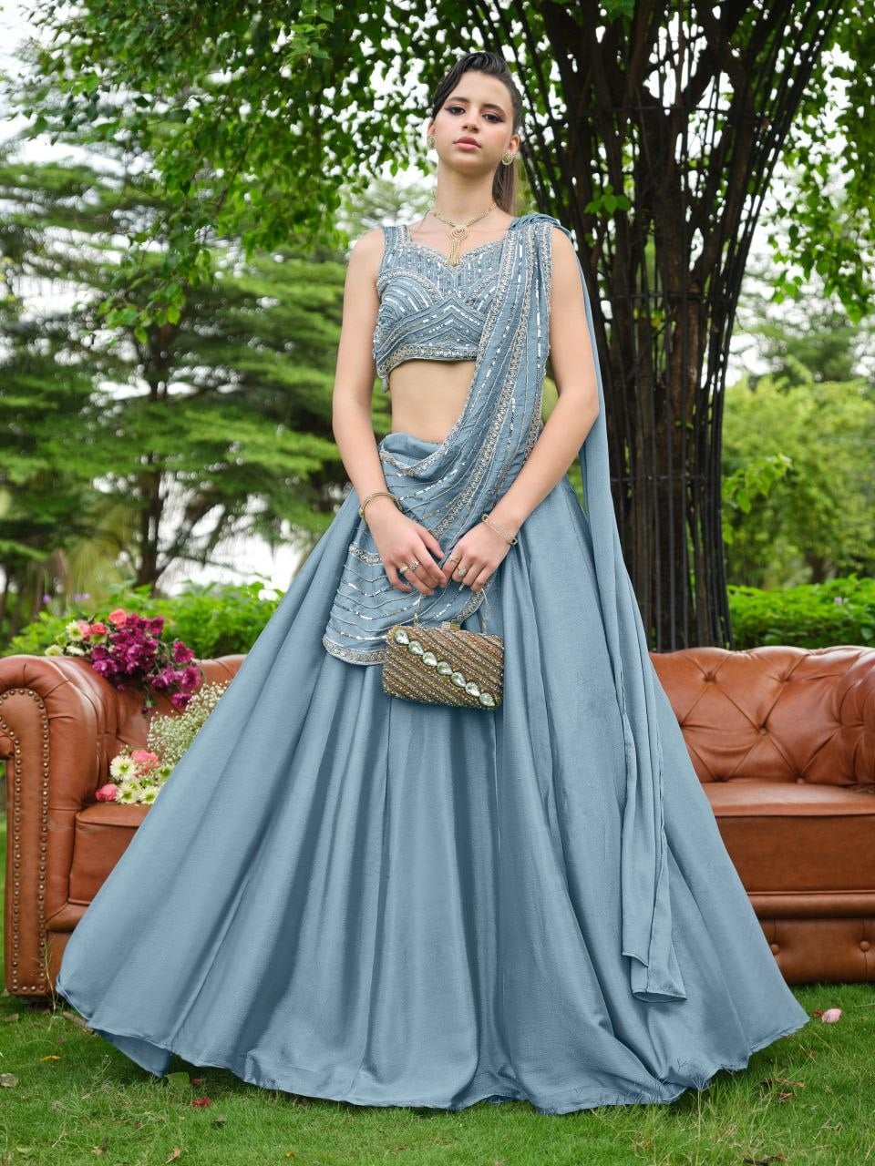 Premium Chinnon (Plain) Lahenga Choli Set - Blue