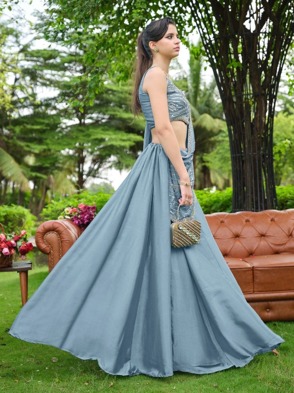 Premium Chinnon (Plain) Lahenga Choli Set - Blue